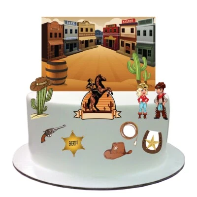 Cake Toppers Cowboy, Cowgirl, Western Scene Stand Up Edible Wafer Paper Toppers - Image 1 of 4