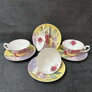 Four (4) STECHCOL GRACIE BONE CHINA Peony & Wisteria on Yellow Cup & Saucer Sets - Picture 1 of 8