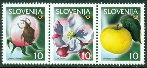 Slovenia Scott #418a MNH STRIP of 3 Fruits Blossoms Insects $$ Cover