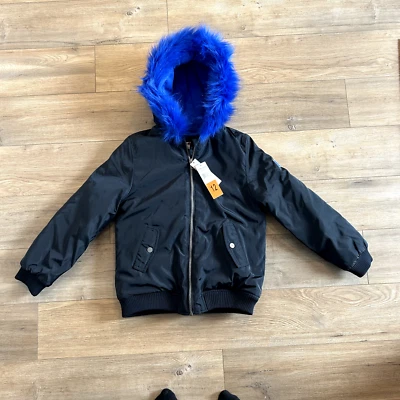 NWT! Calvin Klein Girls Bomber Coat Size 12 With Blue Faux Fur Hood - Image 1 of 4