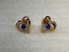 Gold Plated 925 Sterling Heart Earrings with Clear Stones & Blue Stone