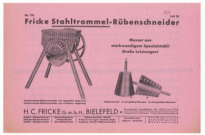 Fricke Stahltrommel-Rübenschneider 1935 alte Druckschrift Bielefeld Reichsmark - Bild 1 von 2