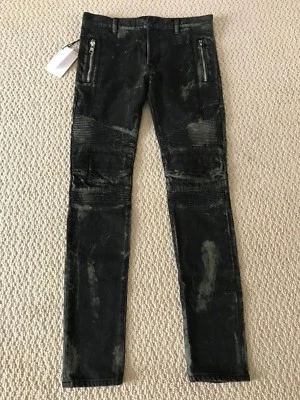 Pantalones de mezclilla ajustados Balmain negros verdes con estampado de mármol para pasarela moto talla 29 $1620 nuevos con etiquetas Foto 1 de 4