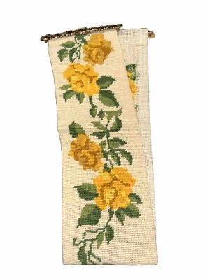 Vintage Needlepoint Yellow Roses Floral Brass Hangers 34” - Image 1 of 4