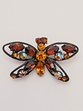 Vintage Estate Regency Japanned Rhinestone Butterfly Insect Brooch Pin ~ 1 7/8"