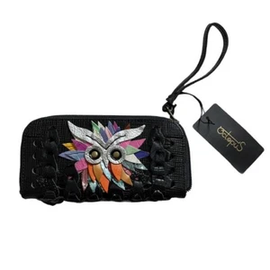 NWT Octopus Handbags Handmade Black Leather Hippie Owl Floral Wristlet Wallet - Picture 1 of 6