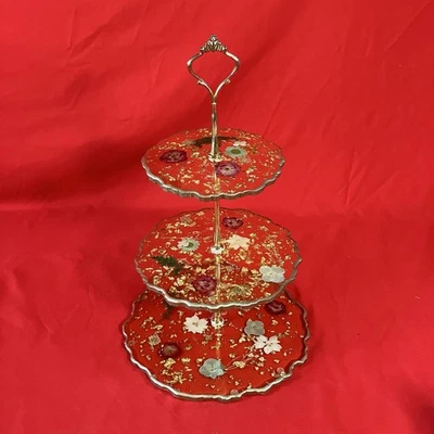 1 - Vintage Acrylic Dried Flower 3 Tier Serving Tray / Gold Flakes / Party /Flaw - Image 1 of 4