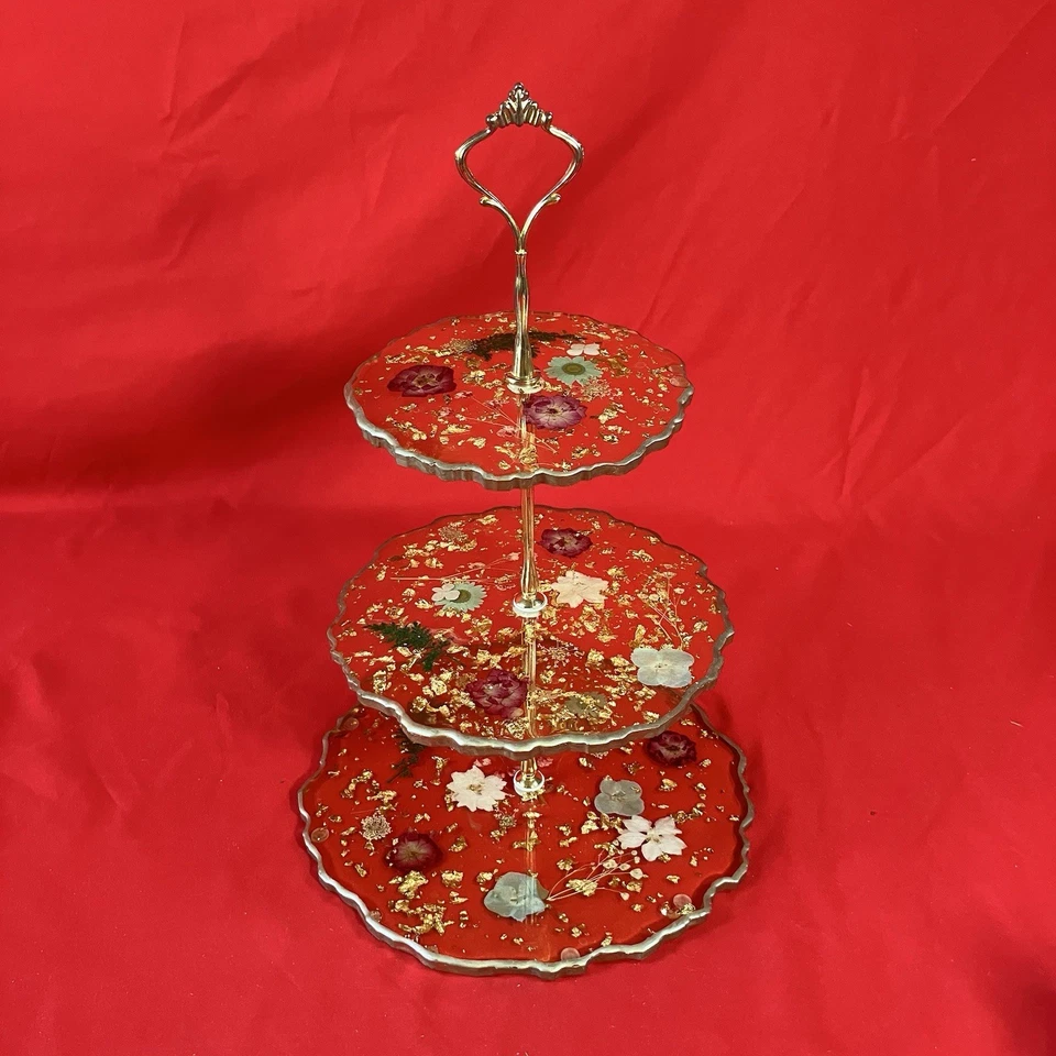 1 - Bandeja para servir vintage de flores secas de acrílico de 3 niveles / copos de oro / fiesta / defecto Foto 1 de 4