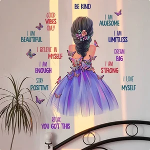 POSITIVE AFFIRMATIONS PURPLE BUTTERFLIES WOMAN SILHOUETTE 3D WALL STICKER MURAL - Picture 1 of 2