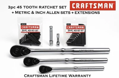 CRAFTSMAN 3pc Ratchet Set Full Polish 1/4” 3/8” 1/2” Drive Socket Wrench - Image 1 of 4