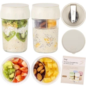 2 Pack Overnight Oats Containers with Lids, Folding Spoons and Divided Compar... - Picture 1 of 6