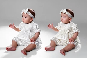 Conjunto de vestido con lazo de bautizo de encaje floral para bebés niñas con flores y diadema - Imagen 1 de 13