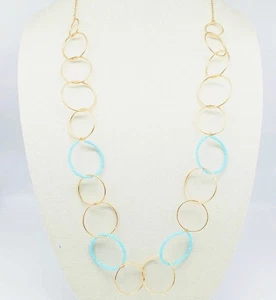 Banana Republic 36" Open Circles Necklace Blue Crystals Gold Tone NEW ON CARD - Picture 1 of 6