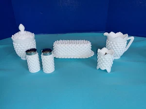 Fenton Hobnail White Milk Glass Cream Sugar Butter Salt+Pepper Toothpick Holder - Picture 1 of 6