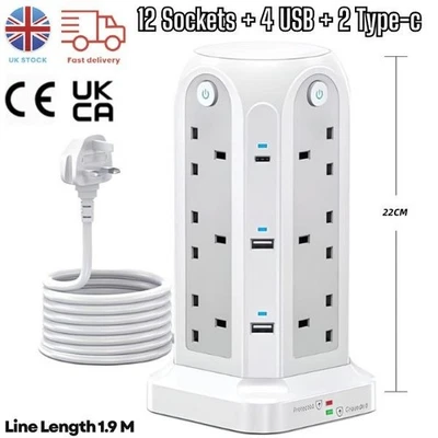 Extension 12 Way Tower Power Lead USB Multi Socket Surge Protected Socket - Image 1 of 4