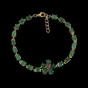 925 Sterling Silver Bracelet Oval Emerald Ruby Natural Gemstone Jewelry 8 Inches - Picture 1 of 13