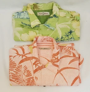 2 Tommy Bahama silk shirts sz L Hawaiian green outrigger orange palm frond - Picture 1 of 11