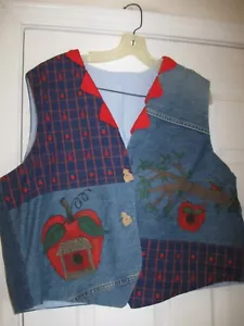 Vtg Handmade Hand painted Denim Teacher's Vest Women's Size 1X/2X - Picture 1 of 5