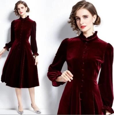 Women's Velvet Wine Blue Long Sleeves Band Collar Flounce Party Dress Fashion - Image 1 of 4