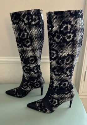 CHANEL BLACK CAMELLIAS LEATHER TWEED BOOTS SZ 38 NEW - Image 1 of 4