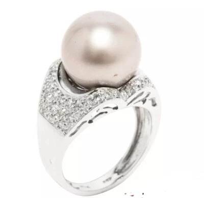 18 Solid White Gold .40ct Diamond Silver Pearl Ring Fine Jewelry - Image 1 of 4