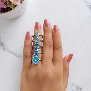 Oval Blue Aquamarine stone engagement ring Silver ring Simulant Ring FD346 - Picture 1 of 9