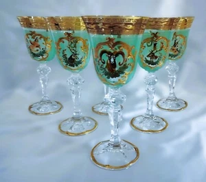 Czech Bohemian Crystal Glass Handmade - Green Liquer - 6 pcs with animal - Picture 1 of 4