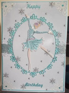 HANDMADE WINTER BIRTHDAY CARD SPORTS HOBBIES ICE SKATING GIRL IN TURQUOISE BLUE - Picture 1 of 3