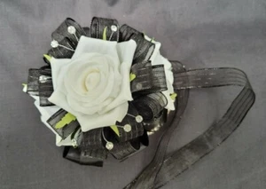 NEW Black Now & Forever Keepsake Silk Rose Corsage with Crystal Bracelets - Picture 1 of 8