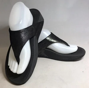 FitFlop Sandals Sz 8 Lulu Black Shimmer Thong Slide Very Comfy! - Picture 1 of 6