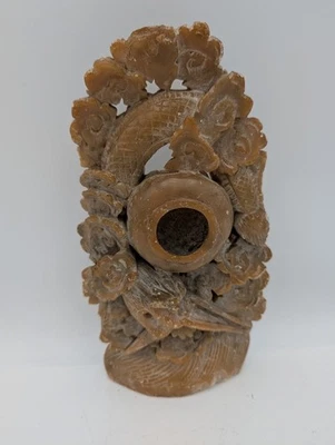 Antiguo dragón chino tallado con maceta y flores 8 1/2" Foto 1 de 4