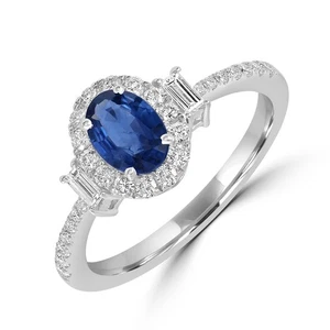 Oro Blanco 18K Zafiro Azul Diamante Ovalado Halo Anillo Joyería de... - Imagen 1 de 6