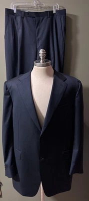 Canali 2 Button Mens 48L Navy Pinstripe Suit Cuffed Pants 36x30.5 Gangster Boss - Image 1 of 4