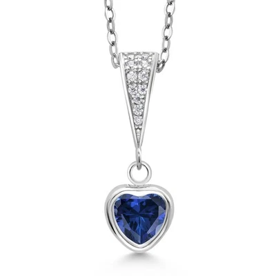 925 Sterling Silver Created Sapphire Pendant Necklace For Women (1.20 Cttw, - Image 1 of 4