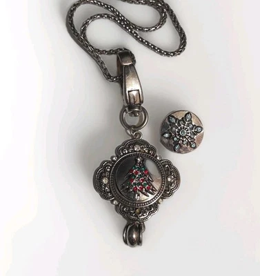 GINGER SNAPS Badge Holder On Silver Tone Braided Chain W/xmas Tree & Snowflake  - Image 1 of 4