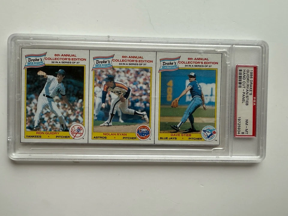 Drakes Panel Ron Guidry 1986/Nolan Ryan/Dave Stieb PSA 8 casi nuevo-como nuevo Foto 1 de 2