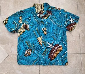 Vintage hell türkis Rindenstoff Hawaii Camp Hemd Muscheln Blätter Herren M - Bild 1 von 21