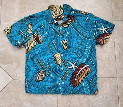 Vintage Bright Turquoise Barkcloth Hawaiian Camp Shirt Shells Leaves Men's M - Image 1 of 4
