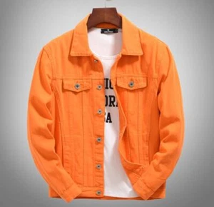 Men's Orange Denim Cotton Button Basic Jean Pockets Coat Punk Hip Hop Outerwear - Picture 1 of 14