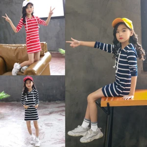 Teen Kids Girls Long Sleeve Stripe Slim Pencil Skirt Hooded Princess Dress - Picture 1 of 19
