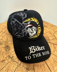 Vintage Biker To The Bone Skull Flame Men's Black Strap Back Cap Hat - Picture 1 of 7