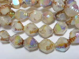 15 10x8mm Czech Glass Antique White AB Picasso Bicone Beads - Picture 1 of 2