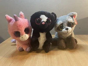 3 x TY BEANIES Bandit Racoon Magic Unicorn Flora Skunk Plush Soft Toys - Picture 1 of 4