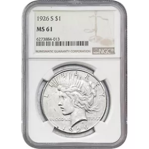 1926 S Silver Peace Dollar NGC MS61 Pretty Coin Free Shipping Uncirculated - Picture 1 of 4