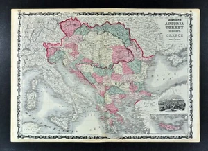 1862 Johnson Map Austria Hungary Greece Constantinople Ottoman Turkey in Europe  - Picture 1 of 5