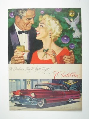 1956 Vintage Cadillac Christmas Advertisement Print Wall Decor Tree Party MOD - Image 1 of 2