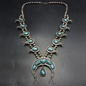 OLD Mid Century Modern TURQUOISE Sterling Silver SQUASH BLOSSOM NECKLACE Vintage - Picture 1 of 19