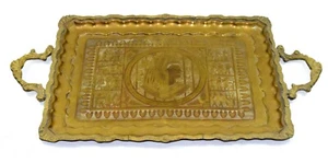 Bandeja de latón vintage motivo egipcio bandeja para servir decoración asas ornamentadas. G26-36 - Imagen 1 de 12