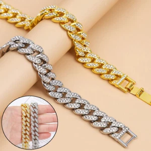 Herren Miss Hip-Hop Halskette Diamant Inlay Kuba Kette 8 Zoll Armband Zubehör Neu - Bild 1 von 15