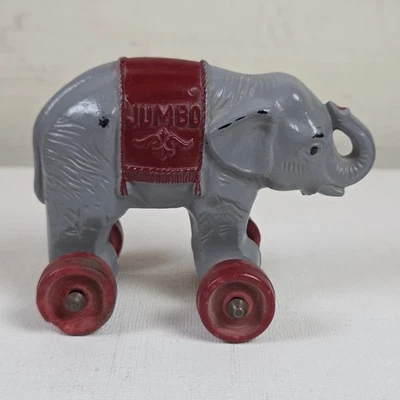 复古 20 世纪 40 年代 Hubley "Jumbo" 大象赛璐珞塑料玩具车轮迷你拉玩具 — 第 1/4 张图片